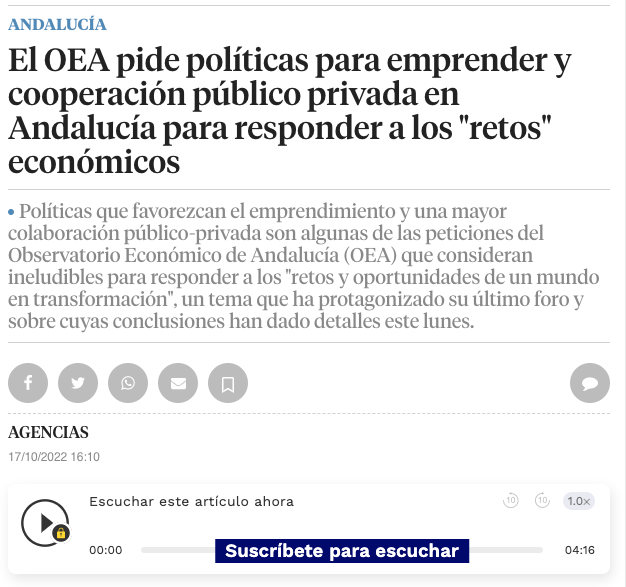 El OEA pide políticas para emprender y cooperación público privada en Andalucía para responder a los retos económicos